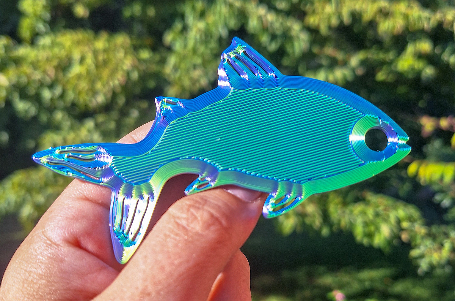 Vibrant Fishy Bite Keychain in Eryone Red/Yellow/Blue tri-color silk PLA held up against a sunny outdoor setting. The keychain glistens with a glossy sheen, highlighted by the natural light, with a lush green and floral background providing a contrast to the vivid colors of the fish design.