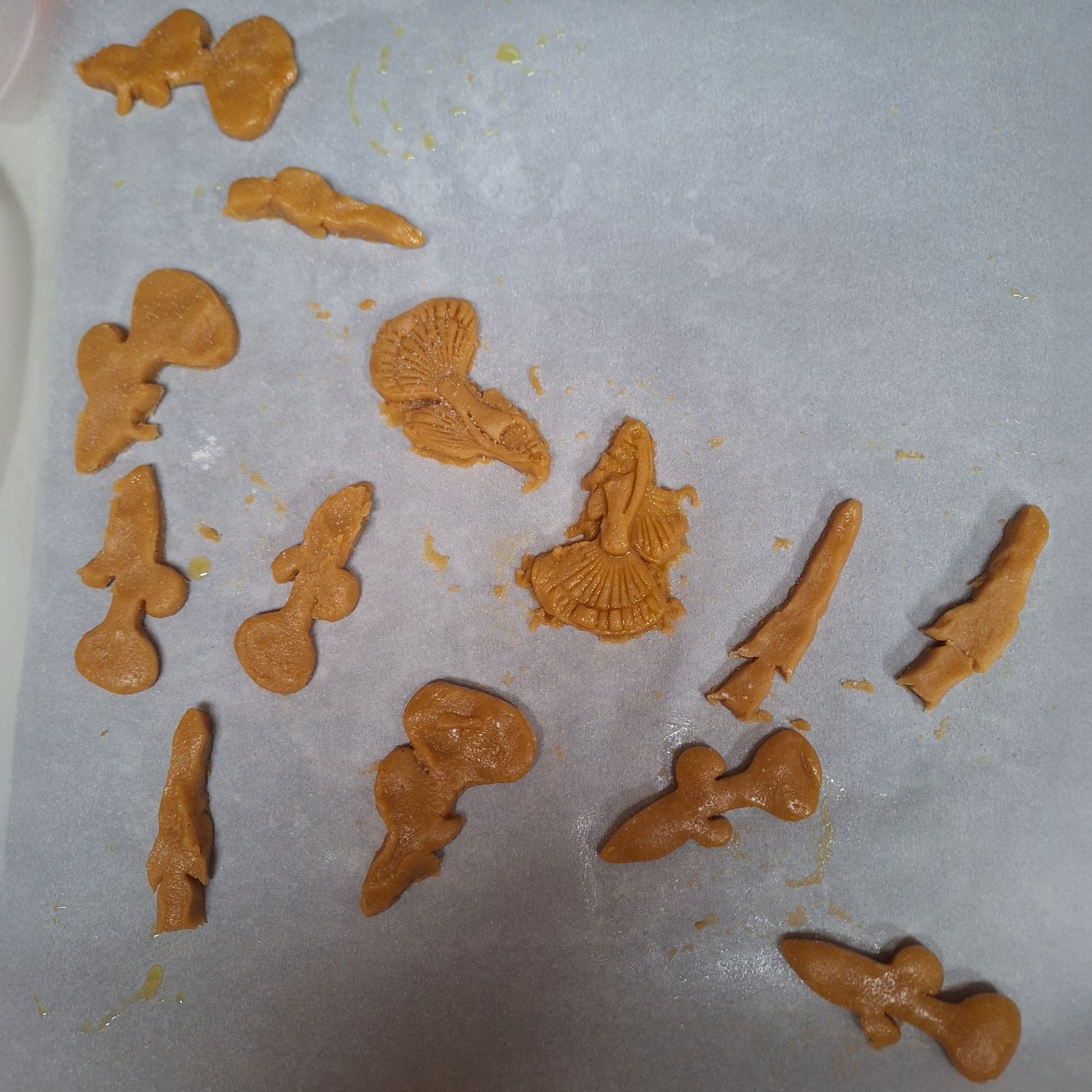 Assorted fish-shaped cookies on parchment paper, some with intricate patterns from a textured cutter, showcasing a homemade touch with varying levels of definition.