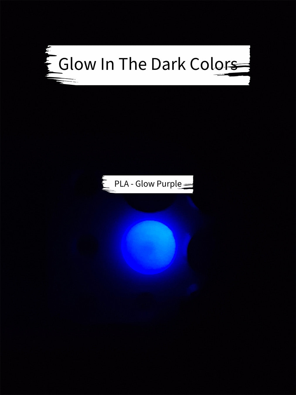 Sample of Giantarm purple glow PLA illuminated in the dark, showcasing a vibrant purple glow. The text 'Glow In The Dark Colors' and 'PLA - Glow Purple' indicate the type of material, set against a stark black background to emphasize the glow effect.