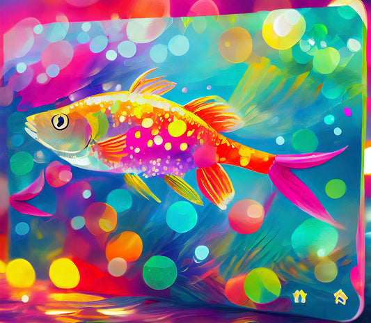 A vibrant digital illustration of a tropical fish, bursting with a kaleidoscope of colors against a whimsical background of translucent bubbles and flowing aquatic plants, depicted in a vivid, painterly style that conveys movement and a lively underwater scene.