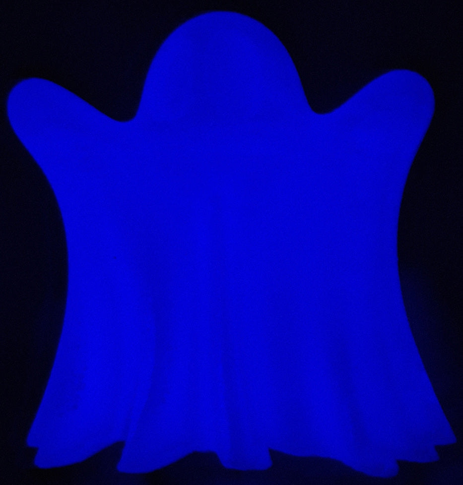 Glowing 'Ghost Booh' figurine printed in Giantarm glow-in-the-dark purple PLA, emitting a striking purple luminescence in the dark, capturing the essence of its haunting yet charming design.