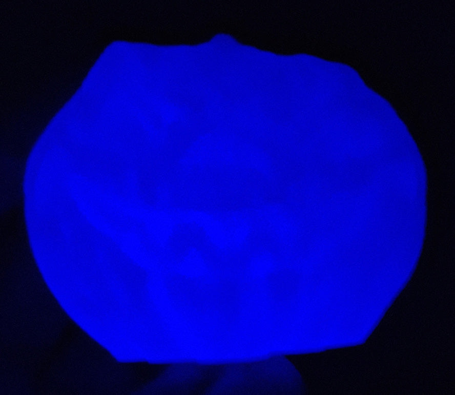 Glowing Jack O' Lantern refrigerator magnet made from Giantarm glow-in-the-dark purple PLA, illuminating a vivid purple in darkness, held in hand to demonstrate its nocturnal luminescent feature.